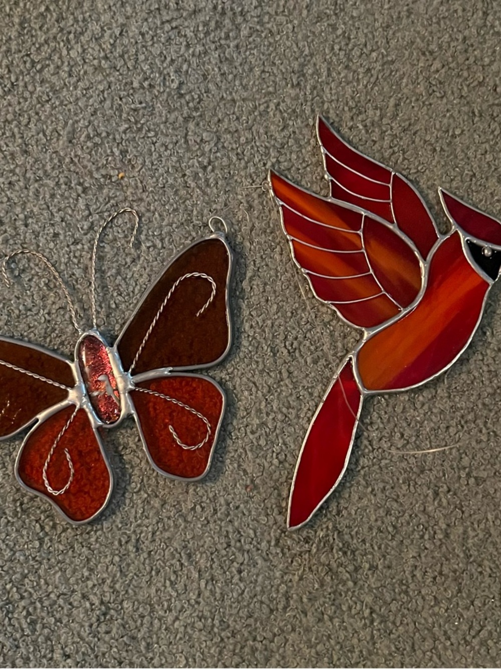 Handmade Stained Glass Cardinal & Butterfly Ornaments - Red/Orange